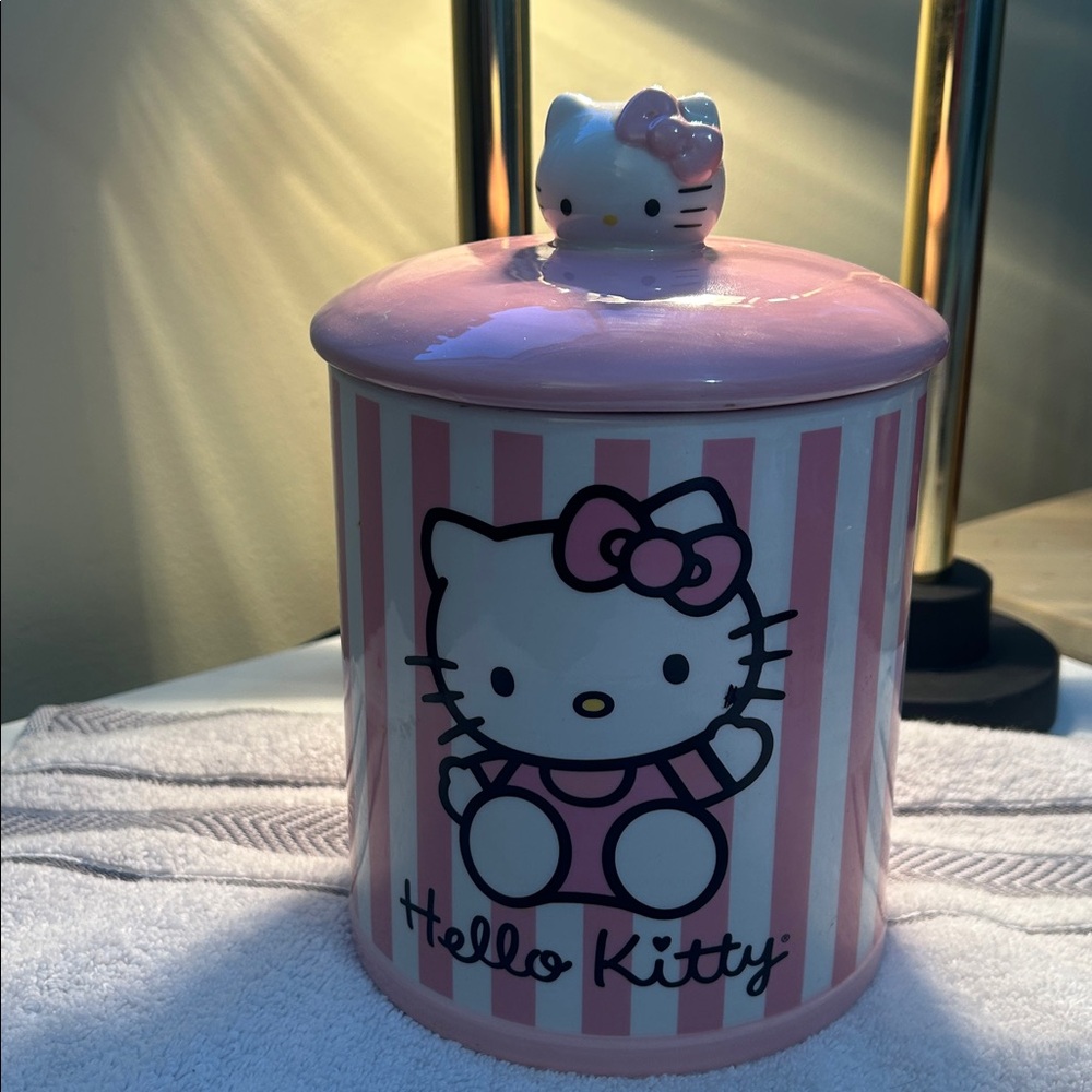 Sanrio Hello Kitty Pink & White‎ Striped Ceramic Canister Cookie Snack Jar 8"